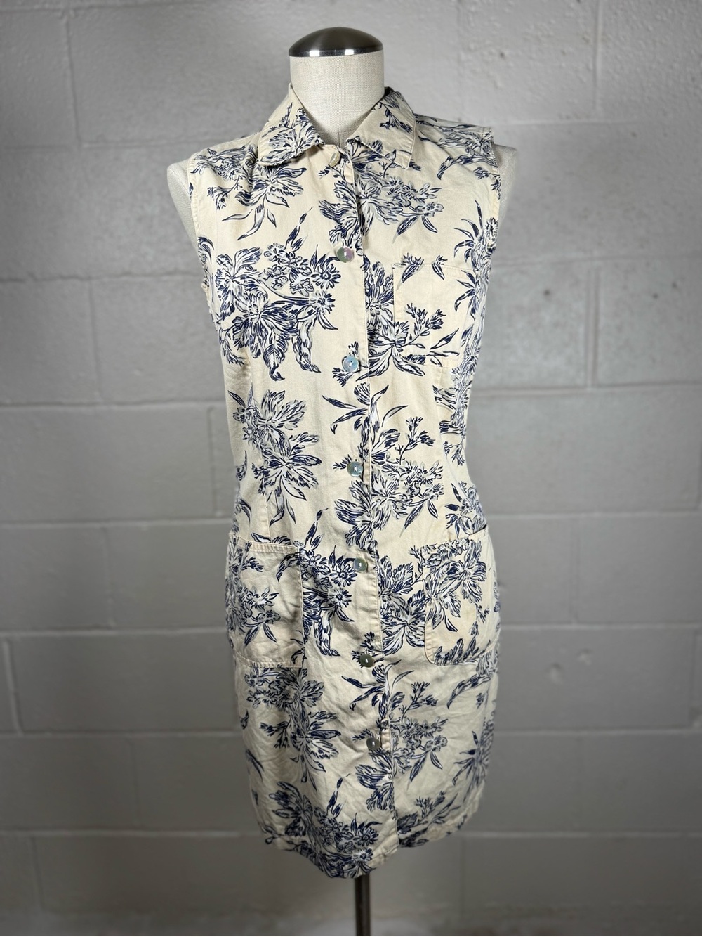 90s Merona Floral Button Front Pale Yellow Collared Mini Shirt Dress Small